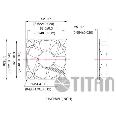 TITAN 92mm x 92mm x 25mm DC軸流冷却換気ファンの寸法図