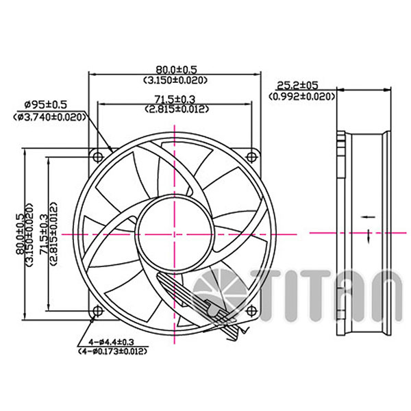 TITAN 95mm x 95mm x 25mm Dibujo de dimensiones del ventilador de refrigeración axial de CC