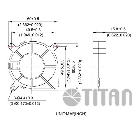 TITAN Dessin des dimensions du ventilateur de soufflerie 60mmx 15mm