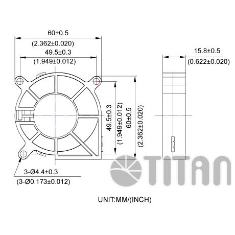 TITAN 60mmx 15mm 블로워 팬 치수 도면