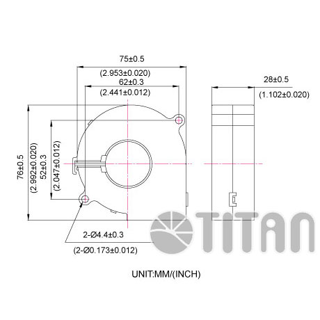 TITAN Dimensiones del ventilador de soplador de 75 mm x 30 mm