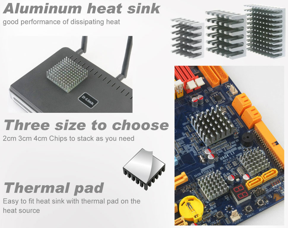 Radiateur/ dissipateur thermique/ dissipateur de chaleur/ ailette de refroidissement/ patte adhésive/ pad thermique adhésif/ pad thermique/ dissipateur de chaleur en aluminium/ refroidisseur en aluminium/ dissipation thermique en aluminium/ dissipateur de chaleur IC/ transfert thermique IC/ transfert de chaleur/ refroidissement thermique/ IC gelé/ pad thermique/ disipador de calor