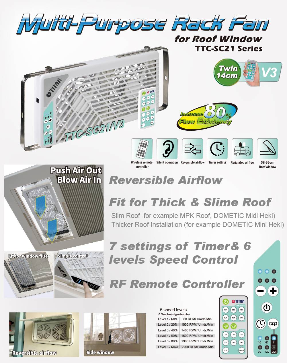 12 DC window roof fan with remote controller and turn off timer for motorhome, RV